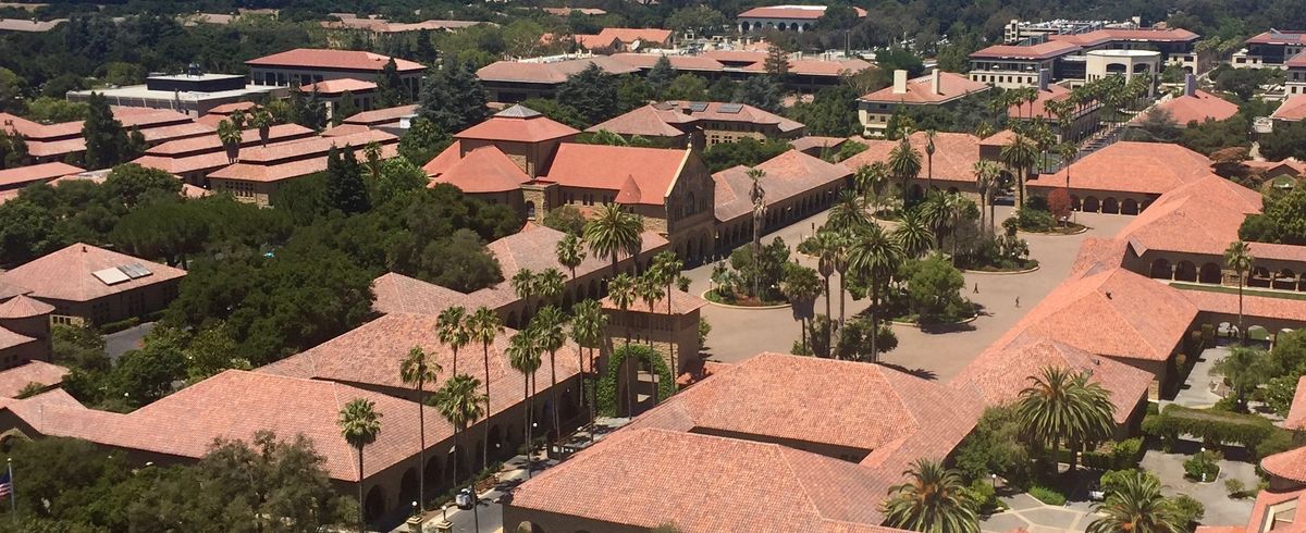 Aerial shot which includes Stanford's main quad
